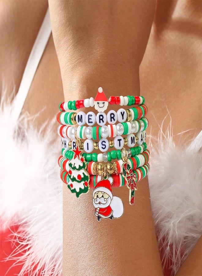 BuQueHM 7 Pcs Christmas Bracelets Heishi Surfer Bracelet Beaded Rainbow Vinyl Disc Bead Surfer Stretch Bracelet Christmas Gifts for Women Soft Clay Pearl Jewelry for Women Holidays Christmas Supplies - Image 4